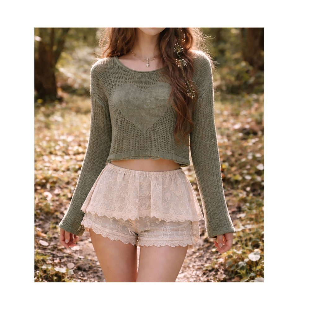 No Comment Womens Heart Open Knit Sweater Sz L Long Sleeve Mesh L Sheer Boxy‎